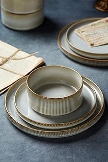 famiware Star Plates and Bowls Sets, Modern Stoneware Dinnerware Sets for 8, 24-Piece Kitchen Dish Set - Microwave and Dishwasher Safe, Chip and Scratch Resistant, Cappuccino White