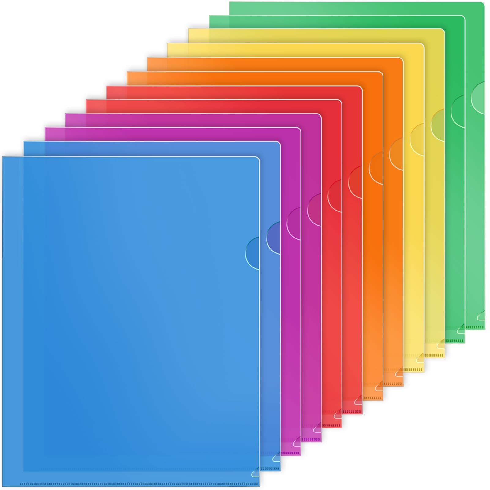 KTRIO Clear Plastic Folders Sleeves 12 Pack, 6 Assorted Colors, Documents Project Pockets for Letter Size 8.5x11 Paper, L-Shaped File Jackets, Acid-Free Poly Plastic