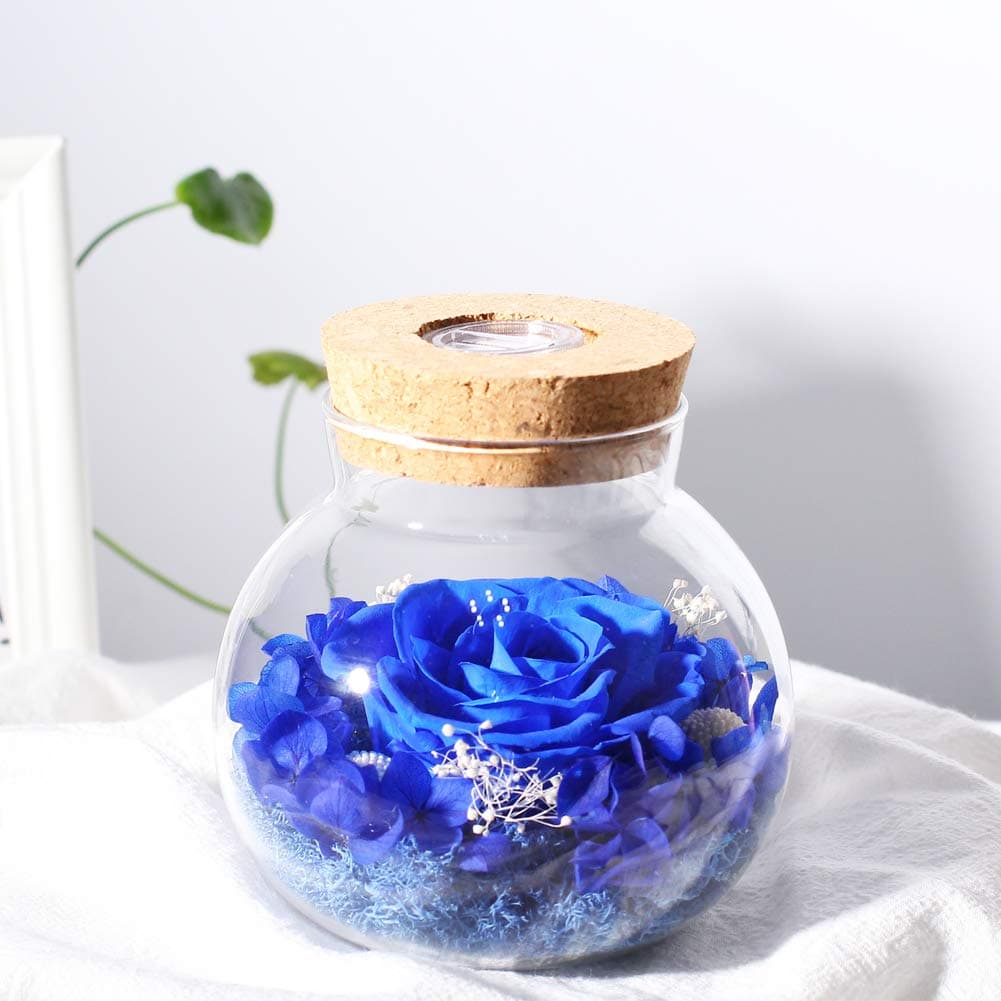 Forever Blue Rose, Preserved Eternal Real Flower Present with Led Mood Light, Gift for Birthday, Anniversary, Valentine's Day, Christmas, Thanksgiving Day（Blue，4.3In