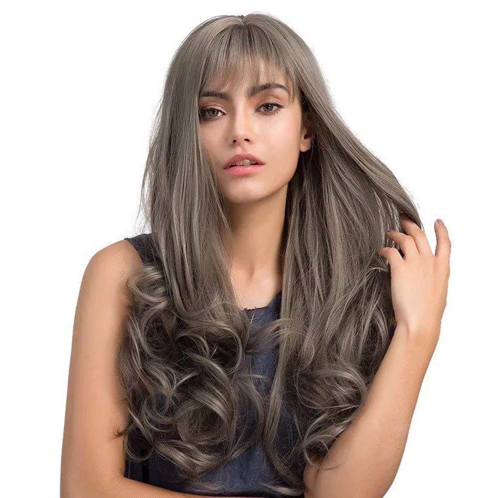 Esmee Light grey long curly wig with Bangs Lovely Wigs 24" Long Curly Heat Resistant Synthetic Wigs for Women