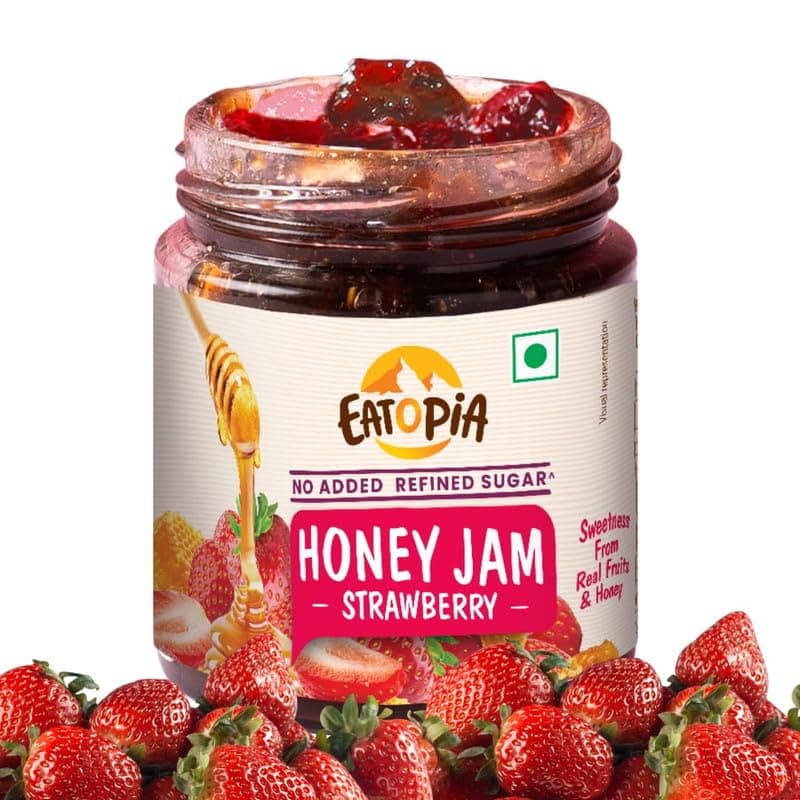 Eatopia Sugar Free Strawberry Honey Jam | 100% Pure & Natural | Healthy Jam for Kids & Adults | No Added Flavours & Preservatives | 70% Real Strawberries | Sweetness from Real Fruits & Honey | Pack of 1 | 240g