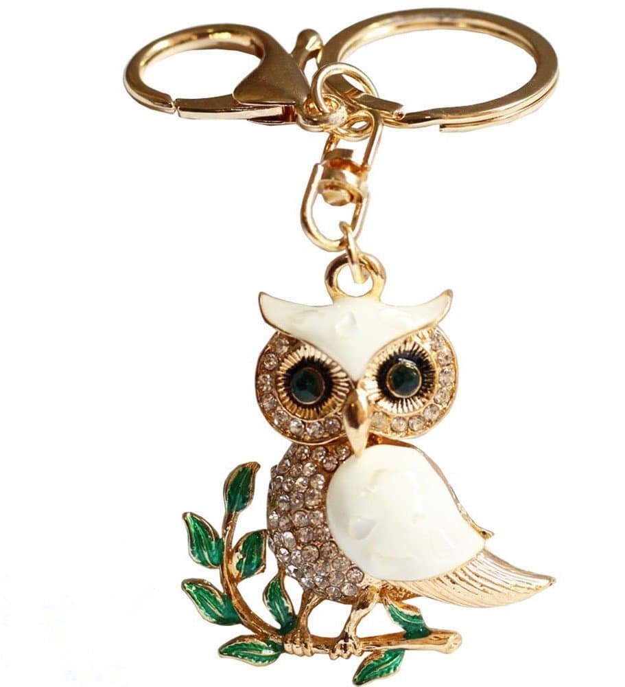 CezesujaCute Owl Keychain Metal Key Ring on Leaves Crystal Rhinestone Sparkling Charm Blingbling Pendant car Keychains Key Holder Women Girls Handbag Decoration Gift Box Packed