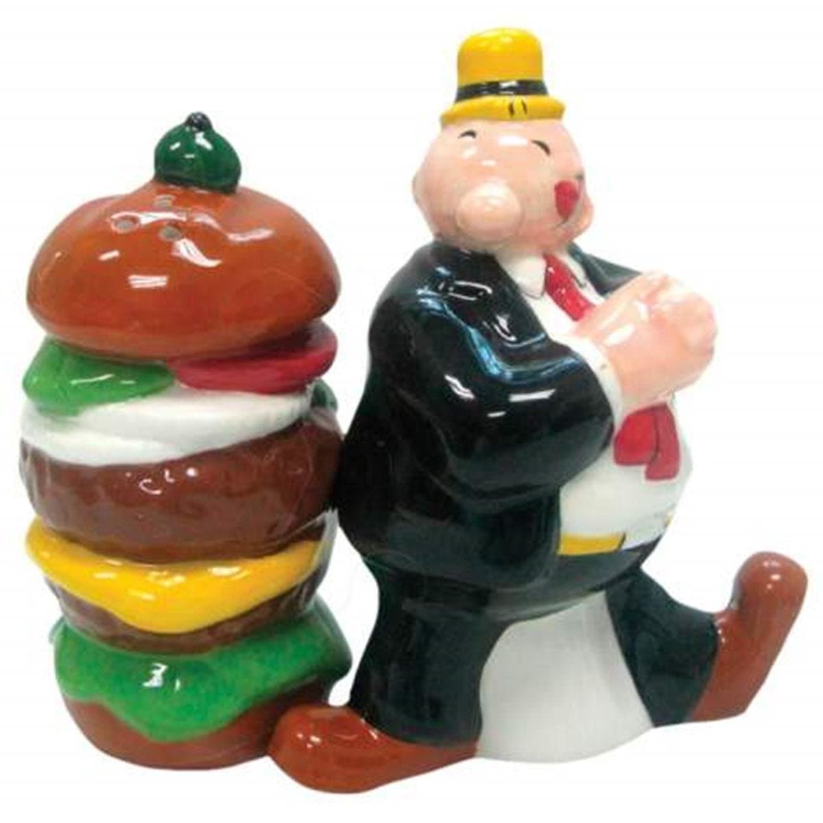 3.75 Inch Wimpy with Hamburger Painted Ceramic Salt and Pepper Shakers