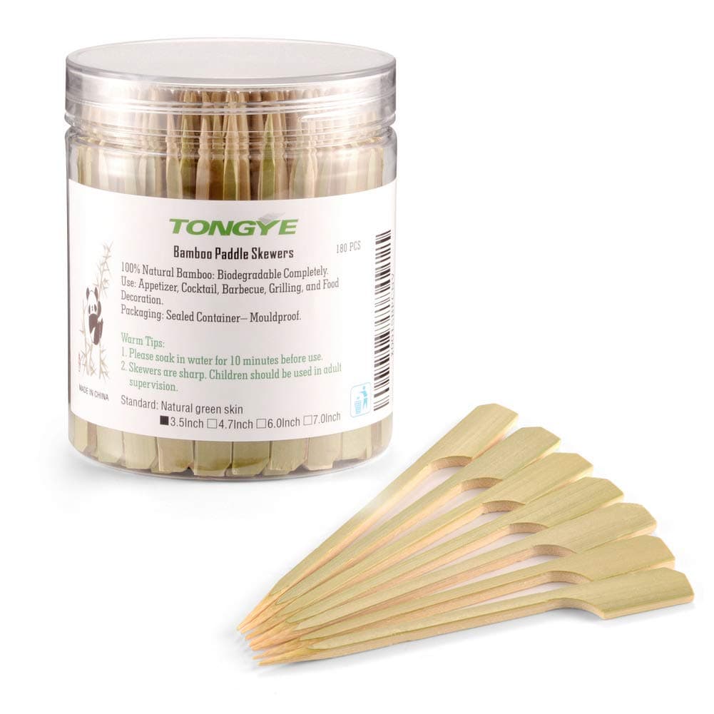 Bamboo Paddle Skewers 3.5 Inch, Food Grade Cocktail Picks, Appetizer Picks, Barbecue Sticks for Party and Grilling Foods: Appetizer, Fruits Kabob, Sausage, Burger. (180 PCS, Green Skin)