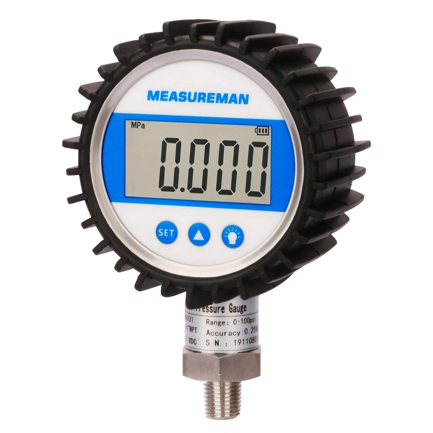 MEASUREMAN 3-1/8" Dial Size, Digital Pressure Gauge, 0-5000psi/bar/Mpa/Kpa, 1/4"NPT Lower Mount, 0.25% Accuracy