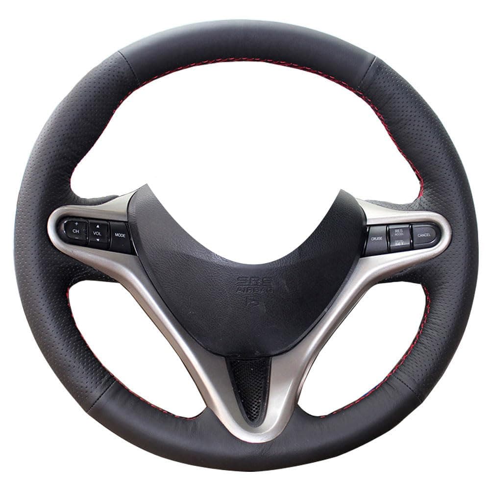 Eiseng Steering Wheel Cover for 3 Spokes 8th Honda Civic 2007 2008 2009 2010 2011 DIY Sew Interior Accessories 13.5-14.5 inches Stitch On Wrap Black Genuine Leather (Red Thread)