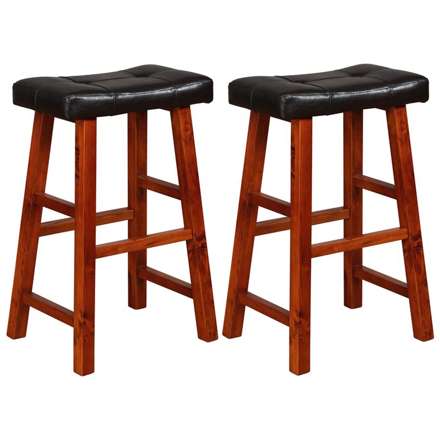 eHemco Heavy-Duty Padded Faux Leather Saddle Espresso Seat Kitchen Counter Barstools, 29 Inches, Dark Oak Legs, Set of 2