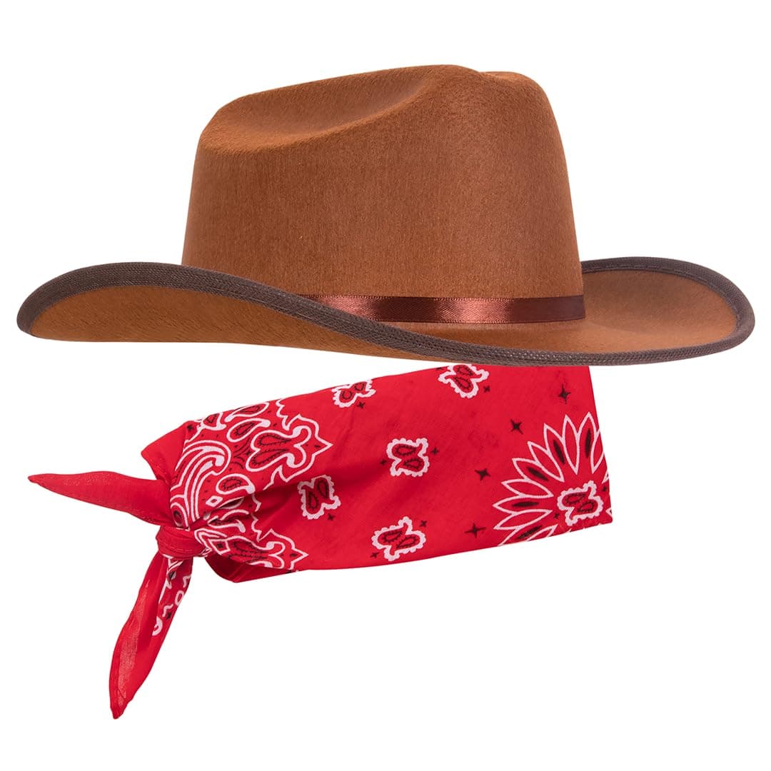 Junior Brown Cowboy Hat with Red Bandana Set - Kids Western Wear with Felt Cowboy Hat for Boys, Kids Cowboy Hats for Dress up Parties - Kids Cowgirl Hat