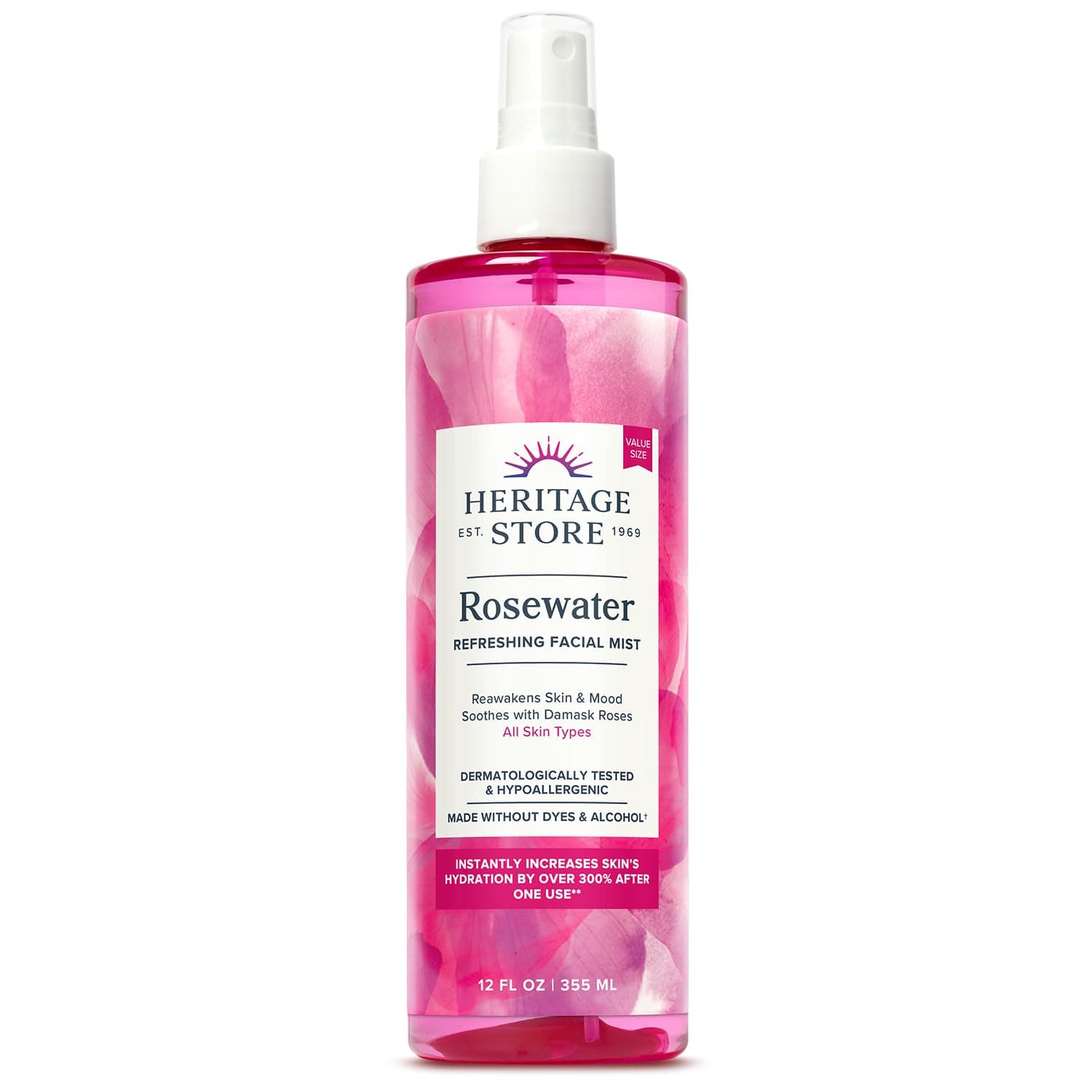 HERITAGE STORE Rosewater - Refreshing Face Mist with Damask Rose, All Skin Types - Hydrating Rose Water Spray for Glowing Skin Care - No Dyes or Alcohol, Hypoallergenic, Vegan, 60-Day Guarantee, 12oz