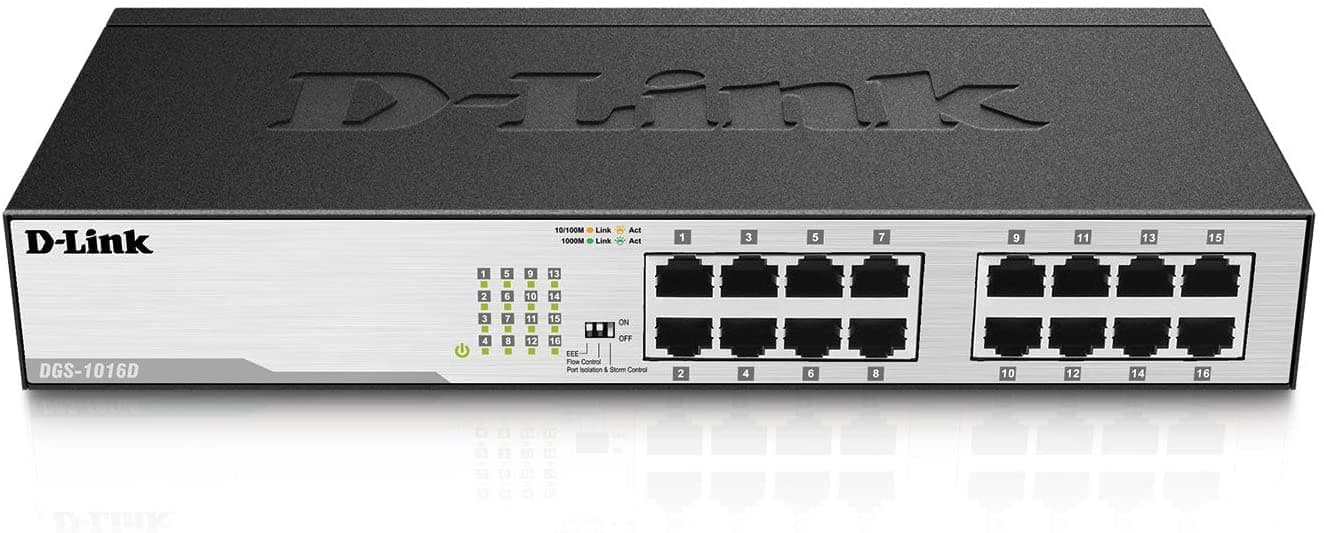 D-Link DGS-1016D 16-Port Green Ethernet Copper Gigabit Switch, Hub, Internet Splitter, Metal, Fanless, Plug and Play - UK Model, black DGS-1016D