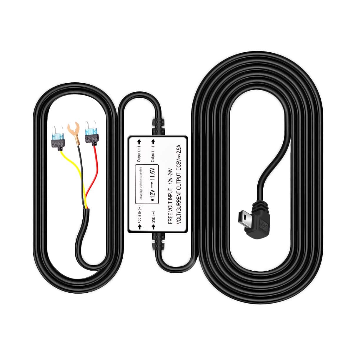 Mini USB Dash Cam Hardwire Kit，12V-24V to 5V 3 Wire Acc Hard Wire Kit Car Dash Camera Charger Power Cord with Low Voltage Protection for Driving Cams Parking Mode Time-Lapse Recording