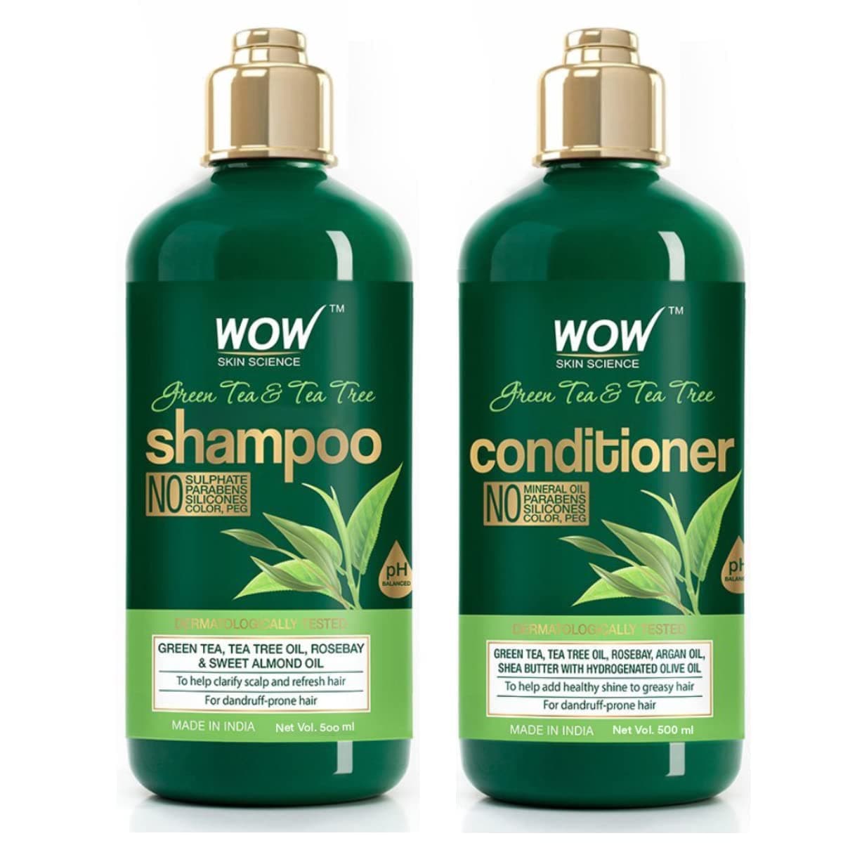 WOW Green Tea & Tea Tree Shampoo and Conditioner - Clarifying Anti-Dandruff- Detox Hair and Exfoliate Scalp - Reduce Hair Thinning - Paraben & Sulfate Free - All Hair Types - 2 x 16.9 Fl Oz 500ml
