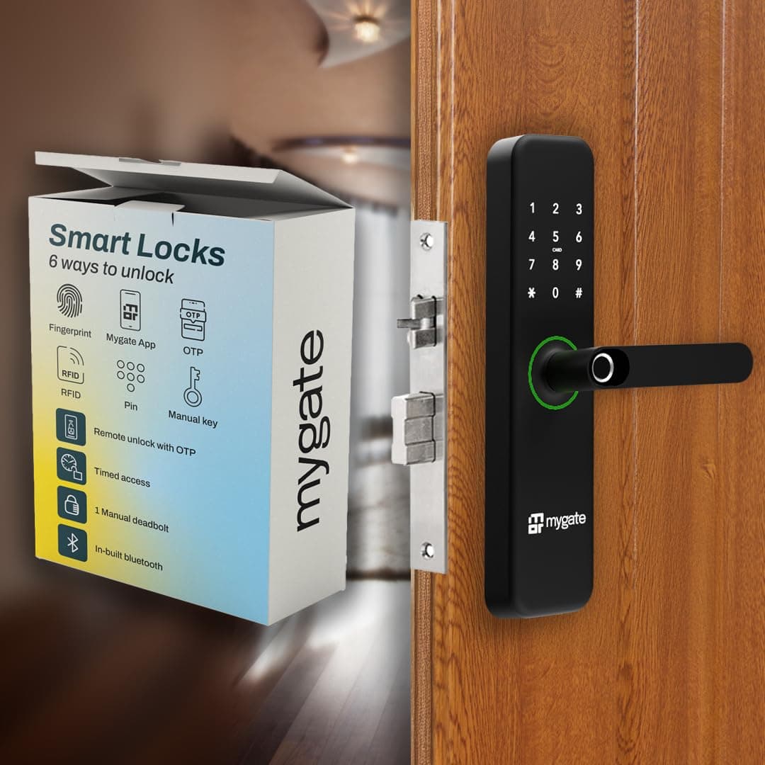 MygateSmart Door Lock SE with 6 Unlock Methods, Fingerprint, OTP, PIN, RFID Card, Key & Mobile App Access, Unauthorized Freeze & Pin Decoy, Remote Unlocking via OTP| 3-Year Warranty by Mygate, Black