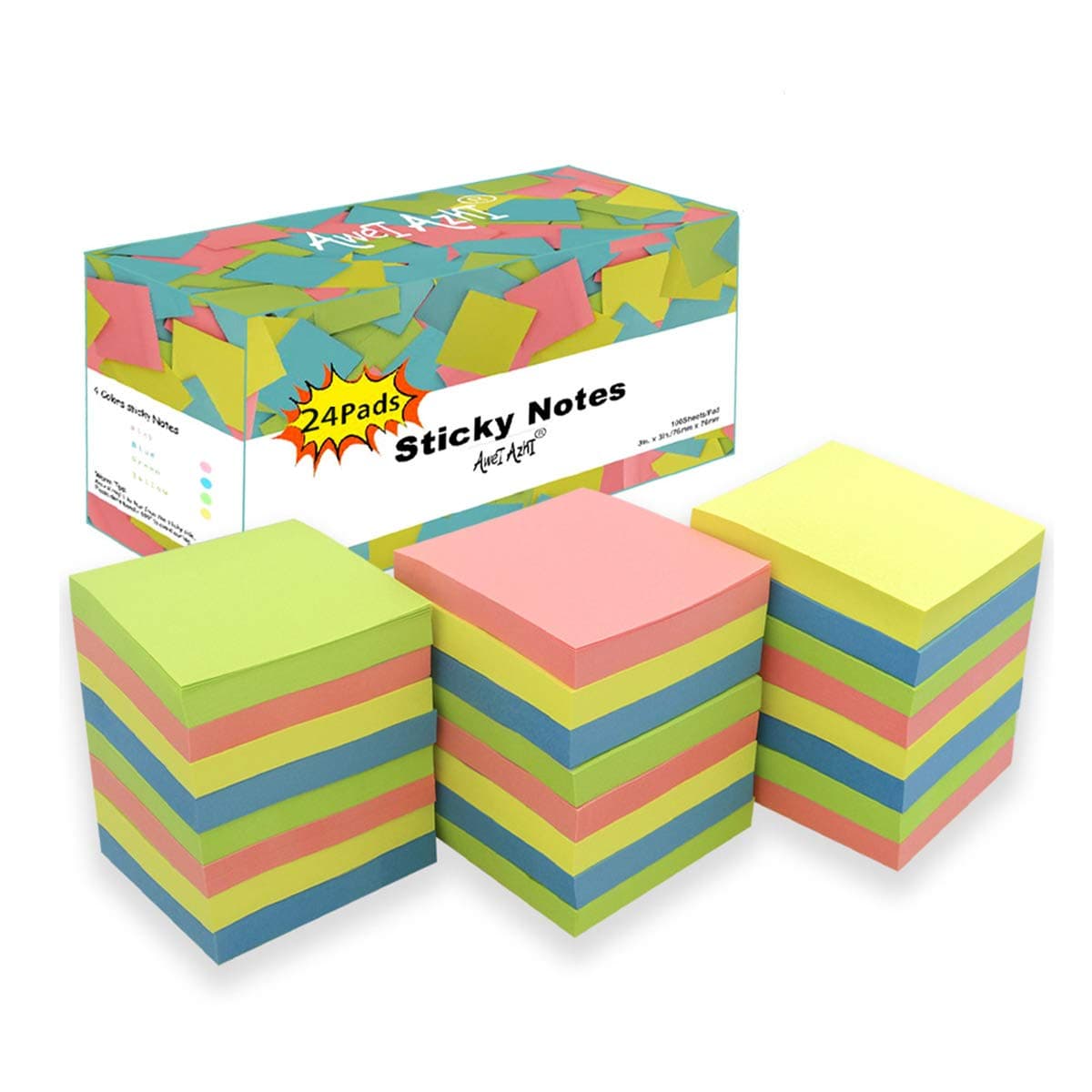 3x3 Sticky Notes, 24 Pads Self-Stick Notes, 100 Sheets/Pad, Easy to Post Notes for Daily Life, Study, Works