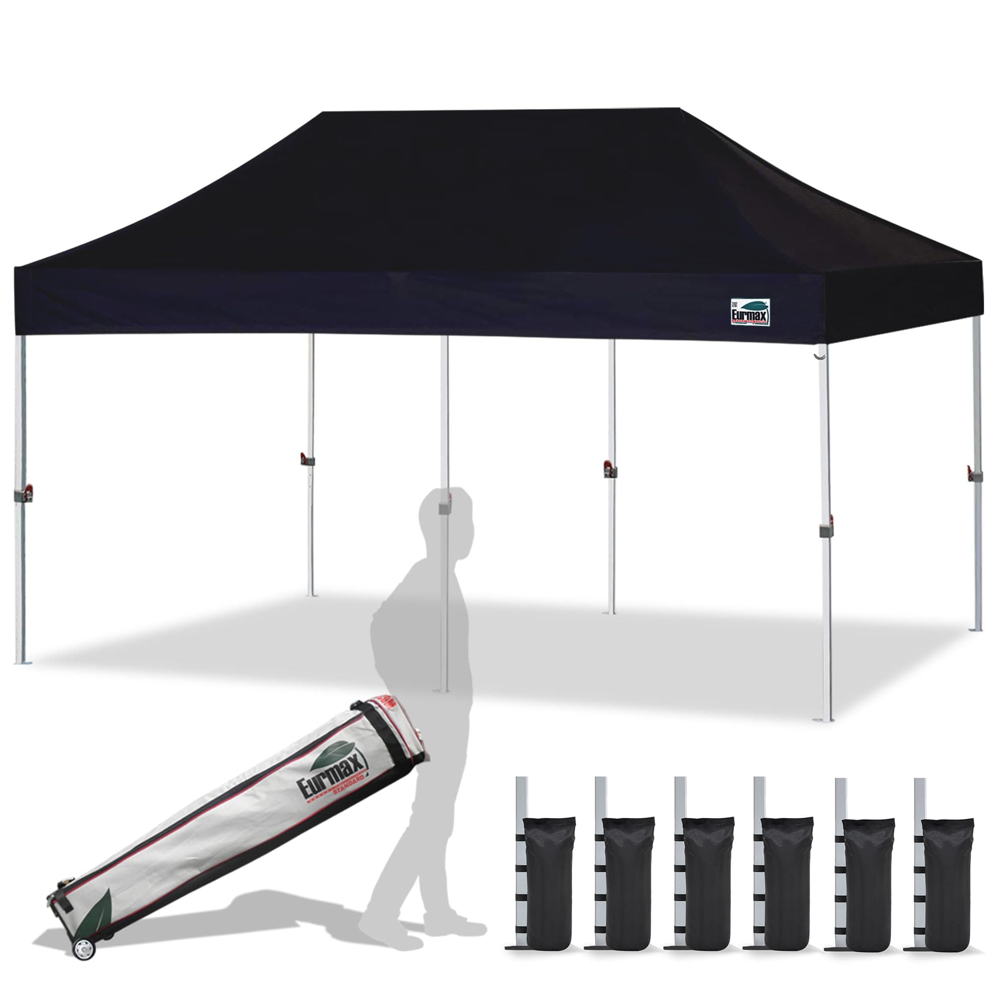 USA 10'x20' Pop Up Canopy Tent Commercial Instant Canopies with Heavy Duty Roller Bag,Bonus 6 Sand Weights Bags (Black)