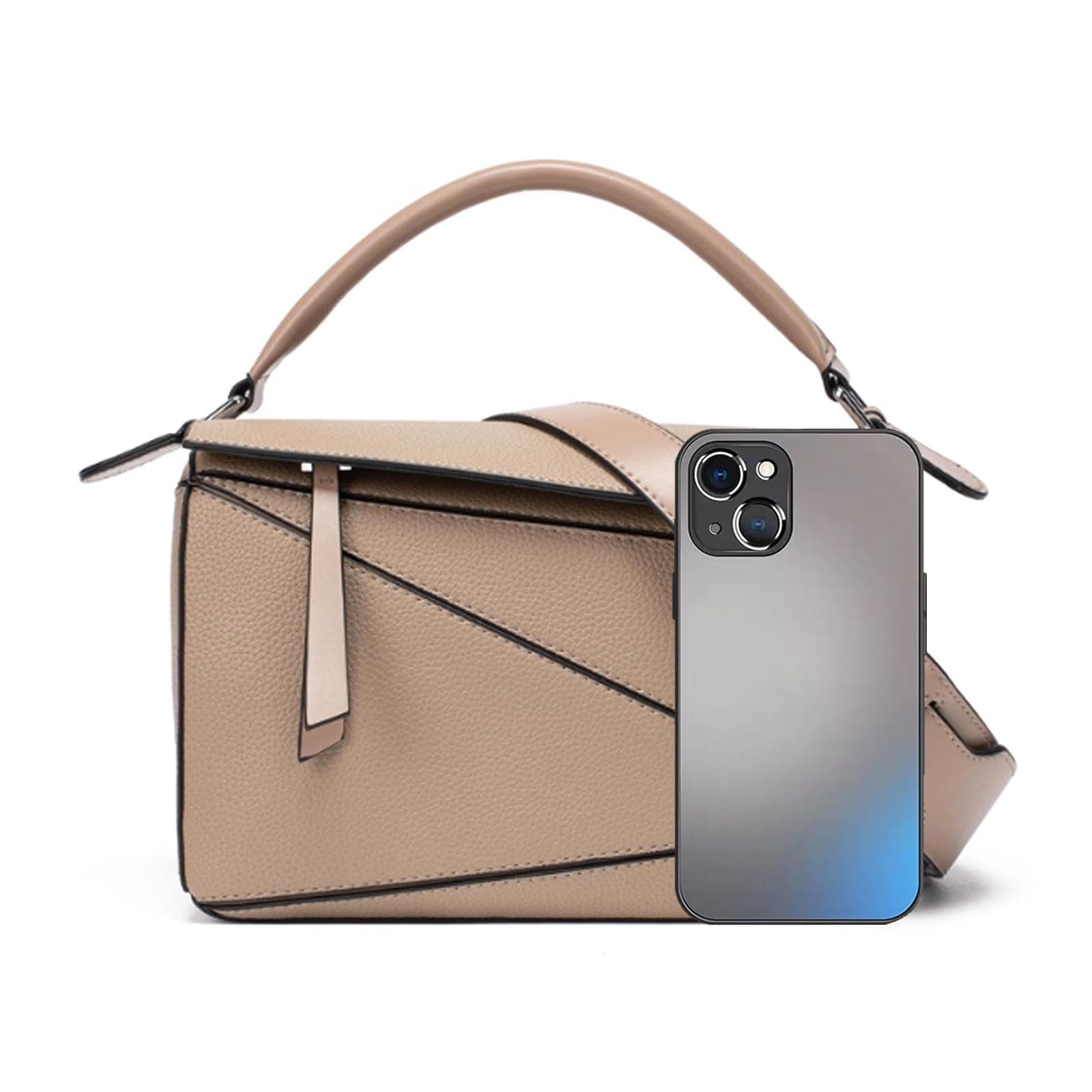 Womens Geometric Design Handbags, 9.6x4.1x6.7in Lychee Grain Crossbody Bag Mini Top Handle Bag for Mother's Day Gift, Khaki, Tote