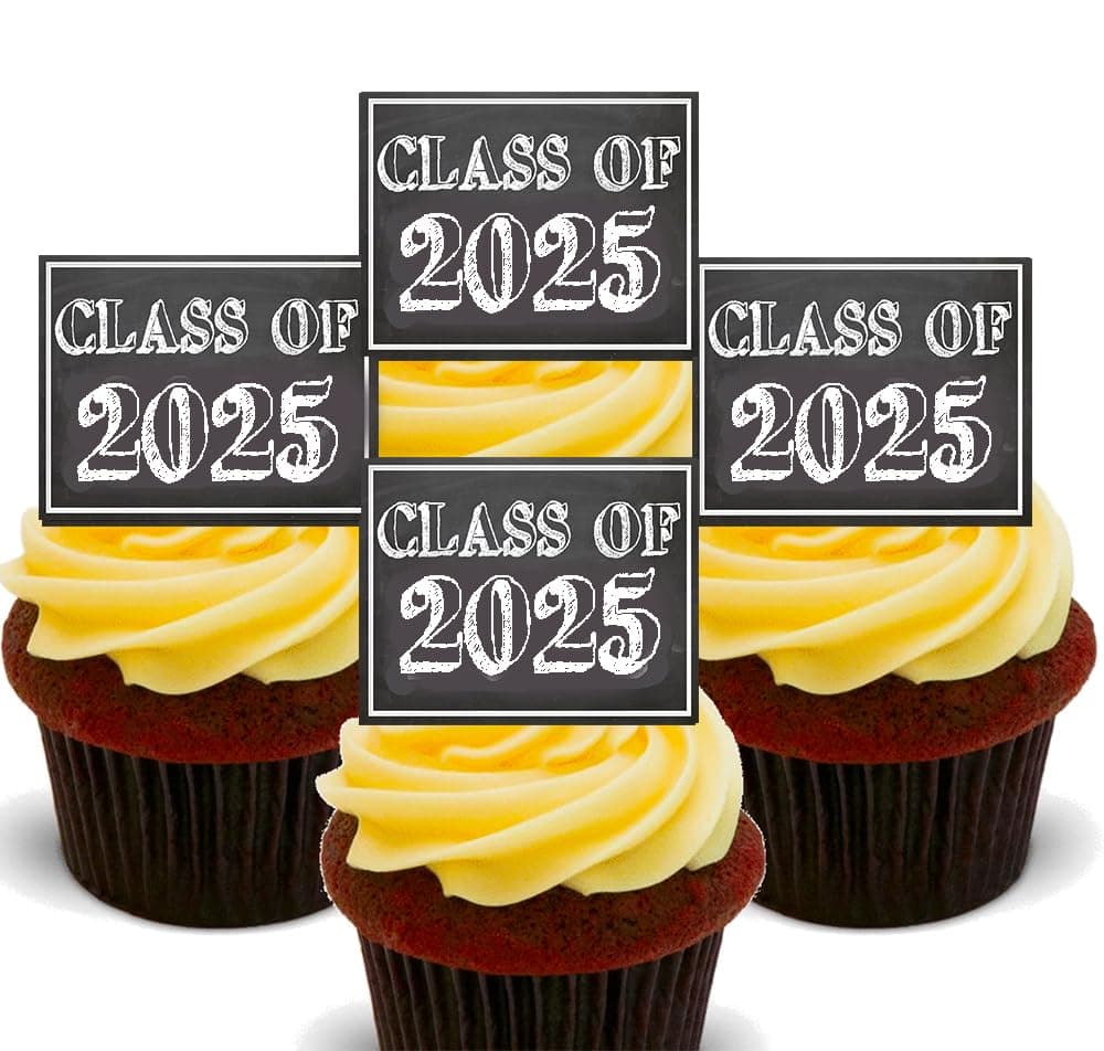 Class of 2025 Graduation Chalkboard, Edible Cupcake Toppers - Stand-up Wafer Cake Decorations (Pack of 12)