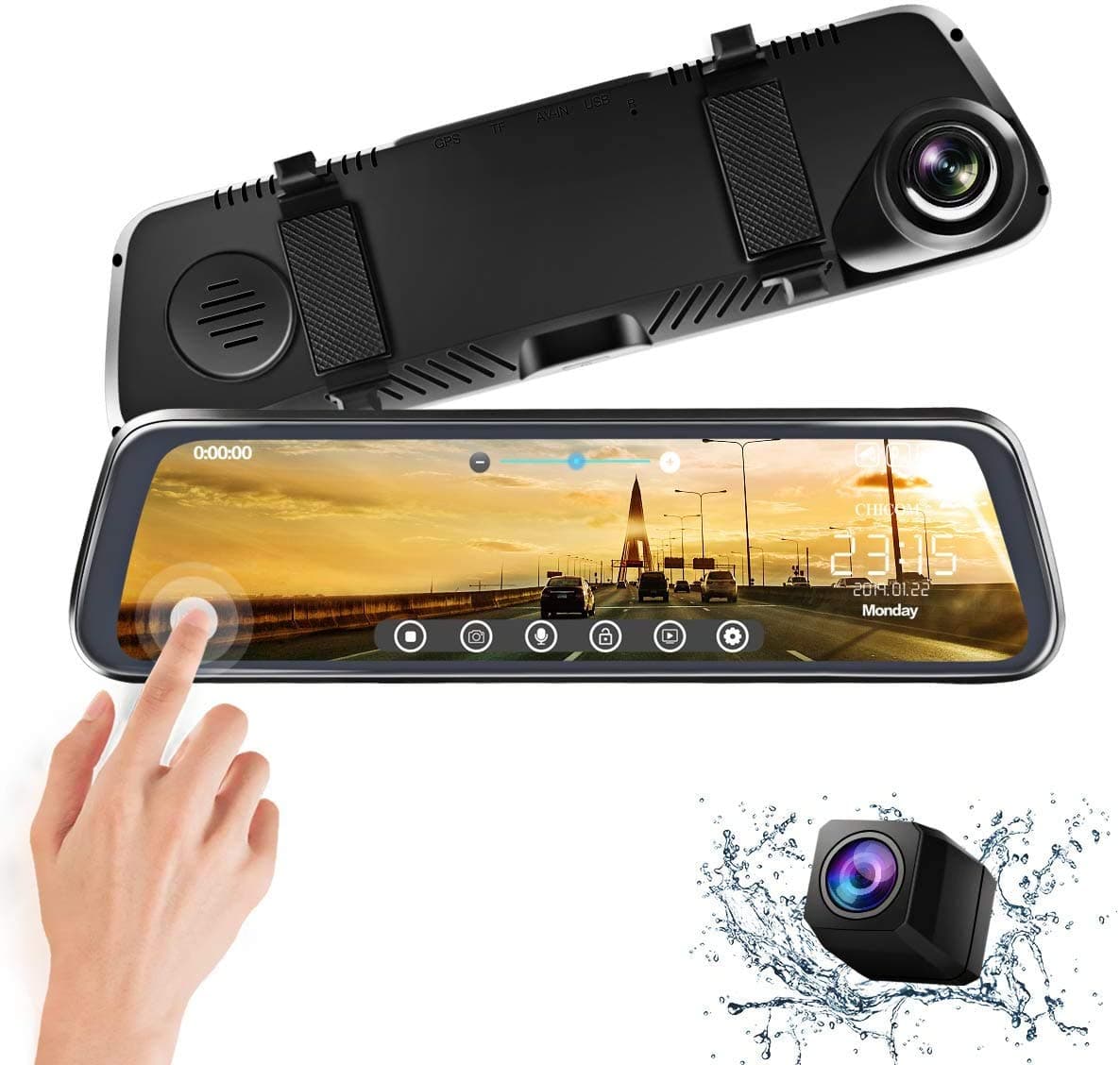 CHICOM 9.66 inch Mirror Dash Cam Touch Full Screen ; 1080P 170° Full HD Front Camera;1080P 140°Wide Angle Full HD Rear View Camera；Time-Lapse Photography (V40-1080P)