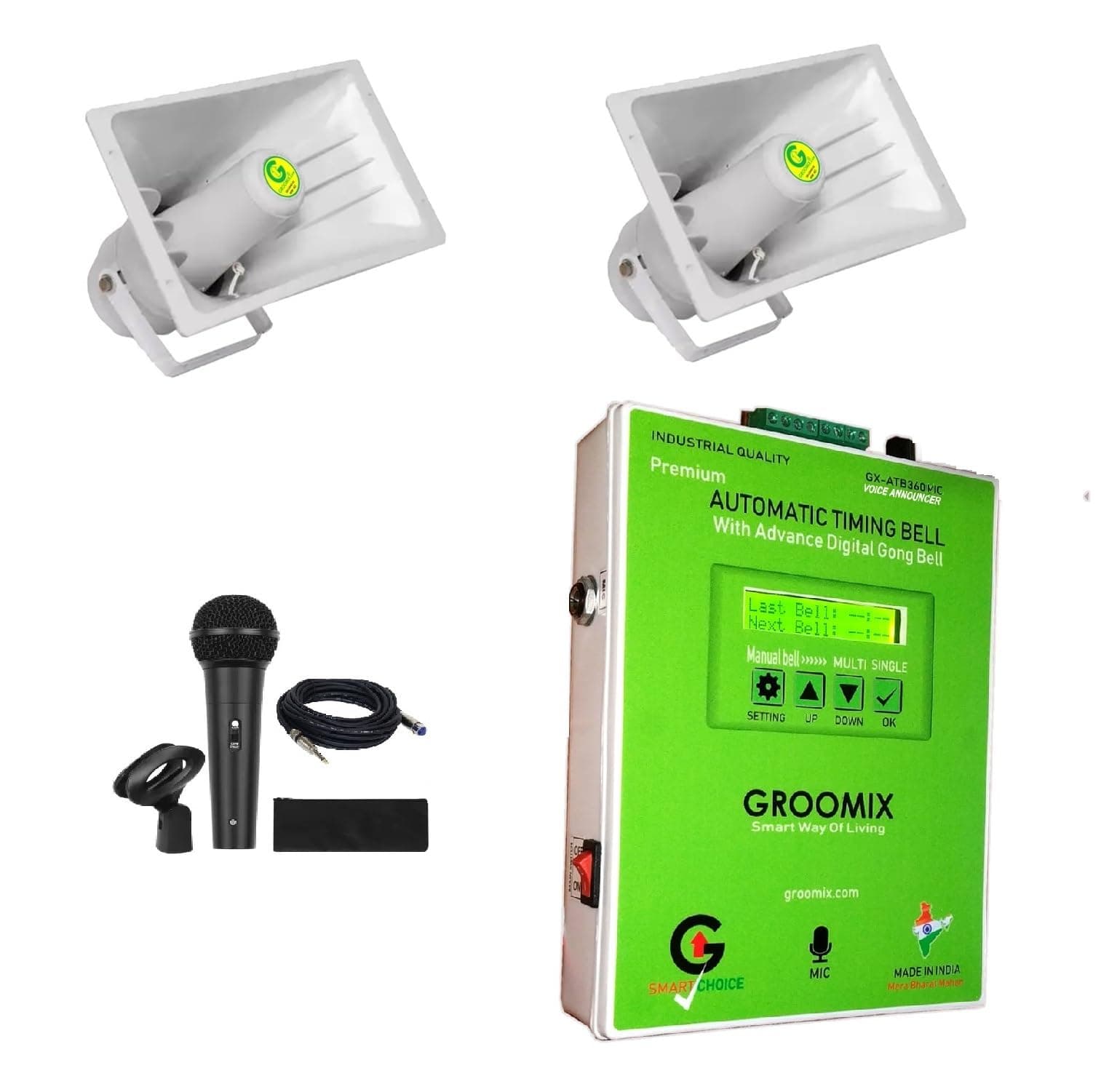 Automatic School Bell/Voice annoucement System in Hindi English & Music for Schools Colleges Industries periodic bell (ATB360MIC-VOICE Controller with 2pc 20W loudspeaker and 1pc Microphone)