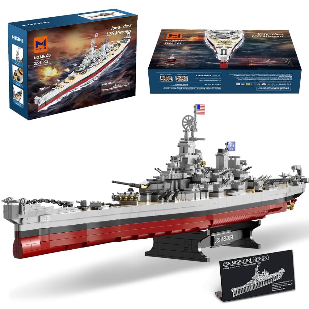 MISINI M6320 Military Series WWII Battleship Clamping Building Blocks Technology, 2228 Pieces USS Missouri Battleship, Large MOC Toy Ship Gift Building Set for Adults (Iowa)