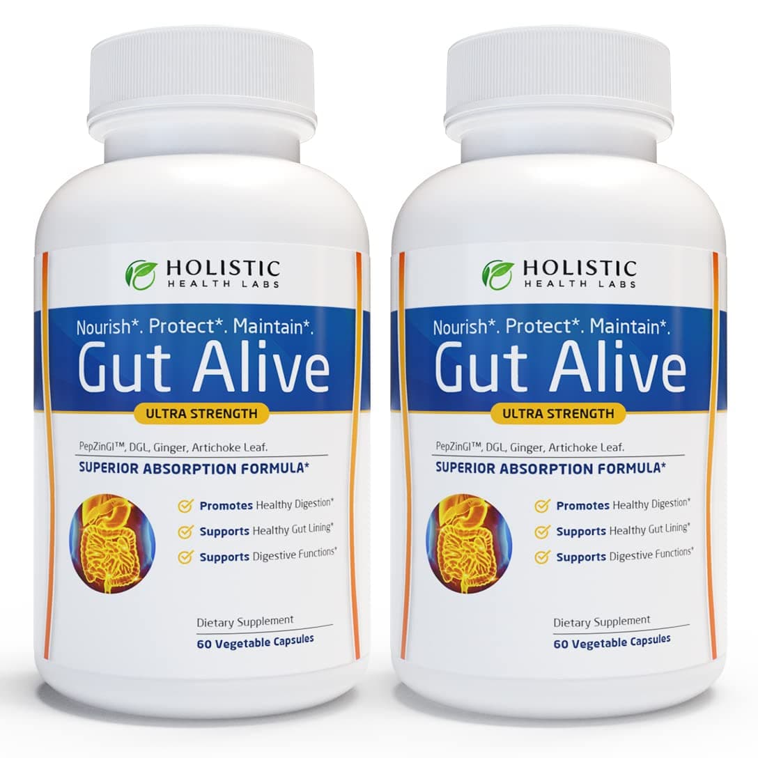 Holistic Health Labs Gut Alive - All Natural Support to Fight IBS, Heartburn, Acid Indigestion, Acid Reflux, Bloating & Gas. Unique Formulation (60 Count (Pack of 2))
