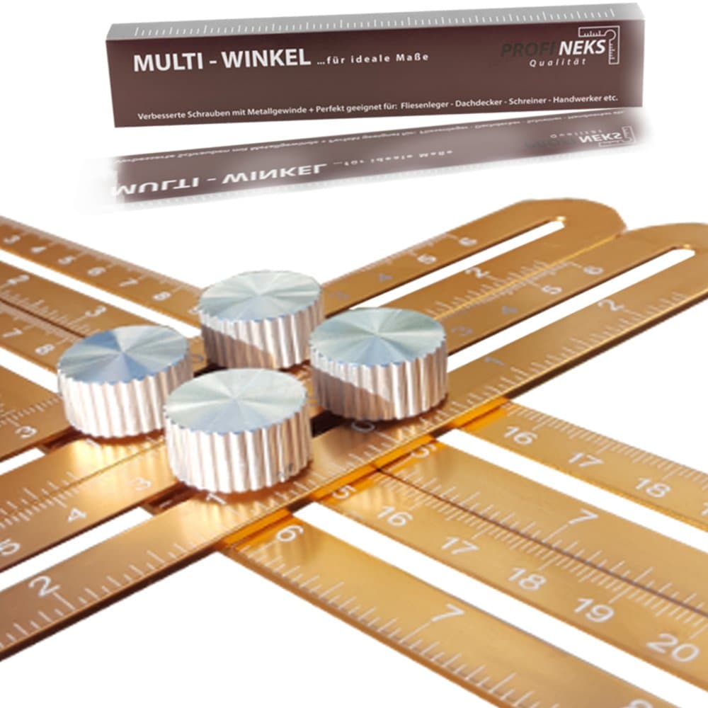 Profi Neks angleiser template tool, aluminium alloy, champagne gold, angleiser, angle gauge with metal thread, carrying case, measuring ruler, extra thin and with upgrade rail system.The angle encoder template tool multi-angle angle adjustment tool is perfect as an angle template for wood, tile, stone, laminate and more.Your angle helper, a must for every toolbox.