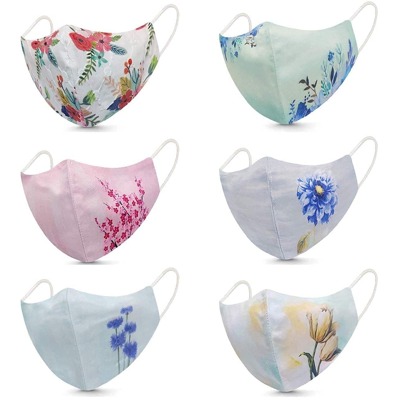 MEELANA New-6 Pcs Fashion Flowers and Plain Soft Cotton Cloth Mask Washable & Reusable Cotton Masks for Men Women Girls and Boys