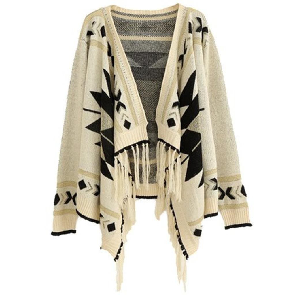 Tailloday Women's Aztec Tribal Geometric Patterns Tassels Cardigan Knit Sweater Beige
