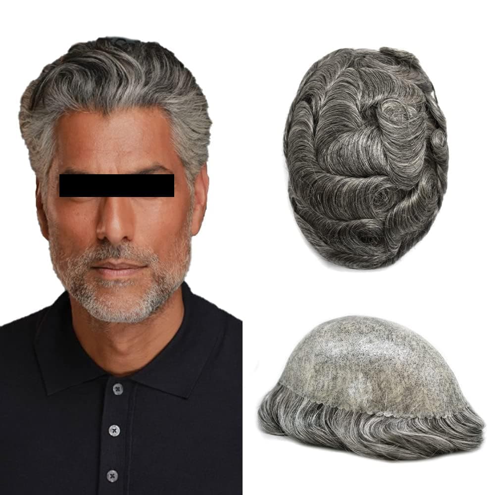 Toupee for Men's Hair Replacement System - Full Injected PU Durable Skin - Mens Toupee Wig - Full Poly Skin - Soft Human Hair Piece - 5x7" #1B65 Off Black+65%Gray-120%Medium Light to Medium