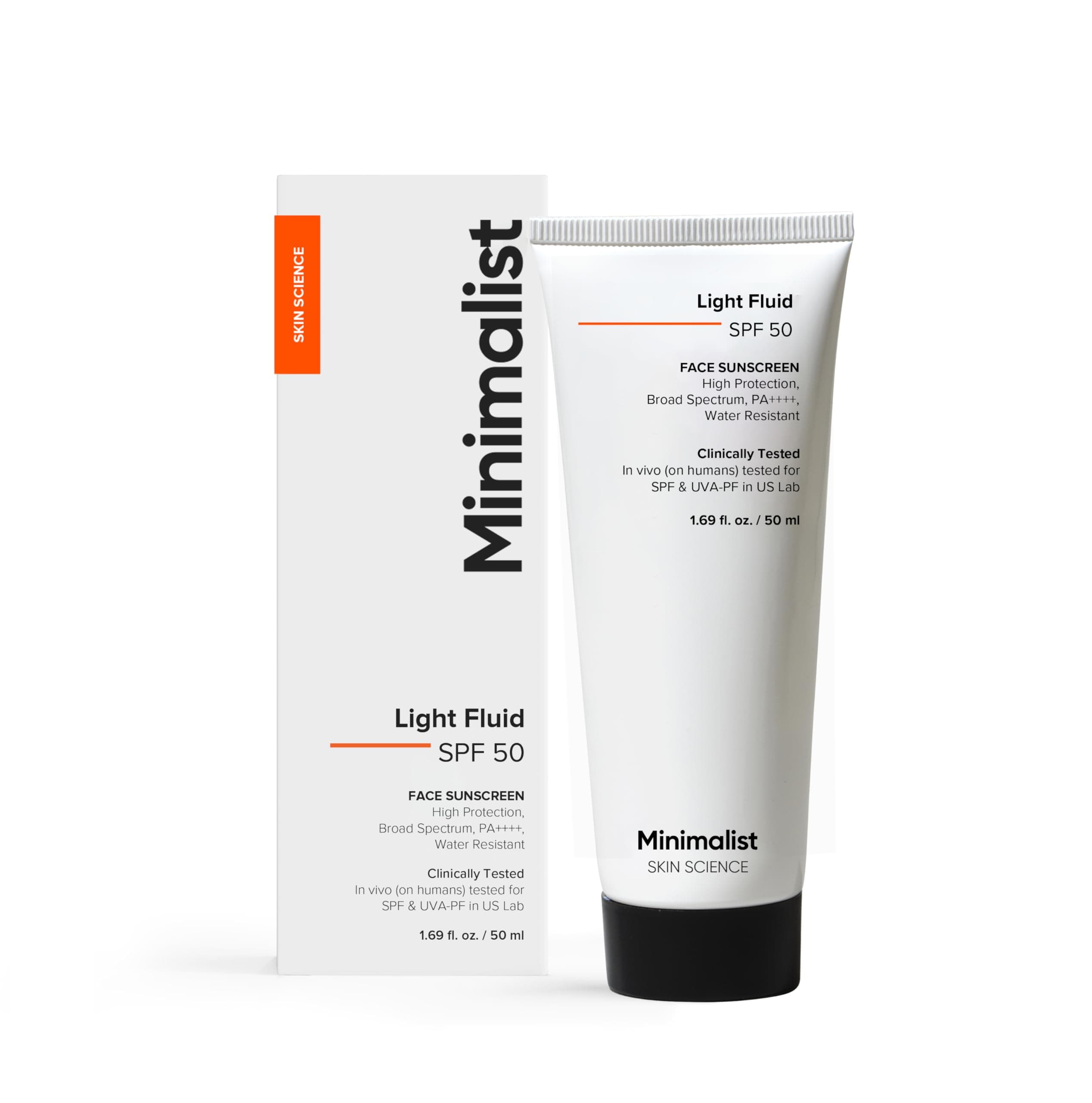 Minimalist Light Fluid Sunscreen SPF 50 PA++++ | Clinically Tested in US (In-Vivo) | No White Cast | Broad Spectrum | Lightweight, Water & Sweat Resistant | For Women & Men | 50ml