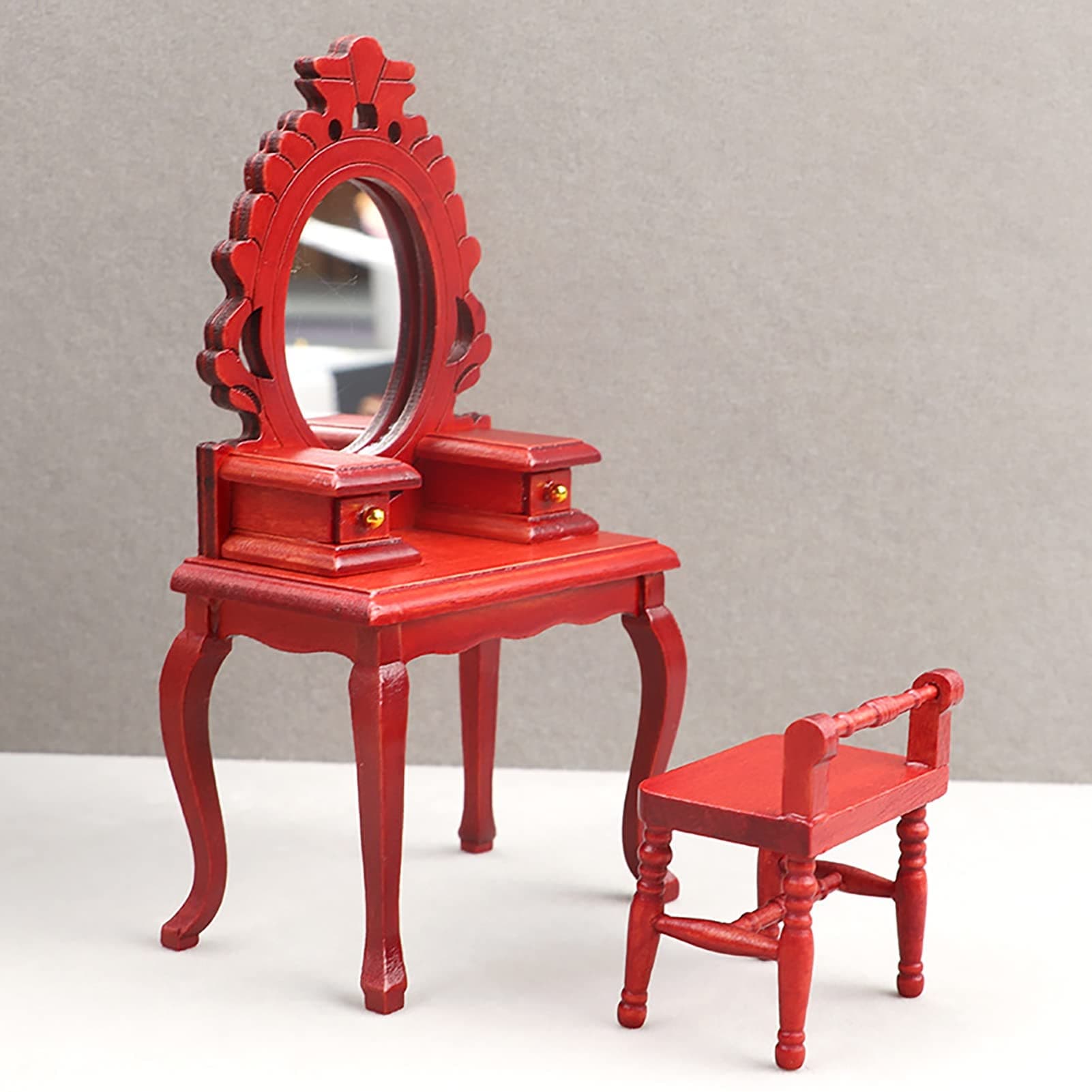 1:12 Scale Miniature Dollhouse Dresser Table with Stool - Retro Mirror Vanity Table Mini Dressing Table Stool Set Wooden Dollhouse Furniture for 1/12 Doll House Decor Red
