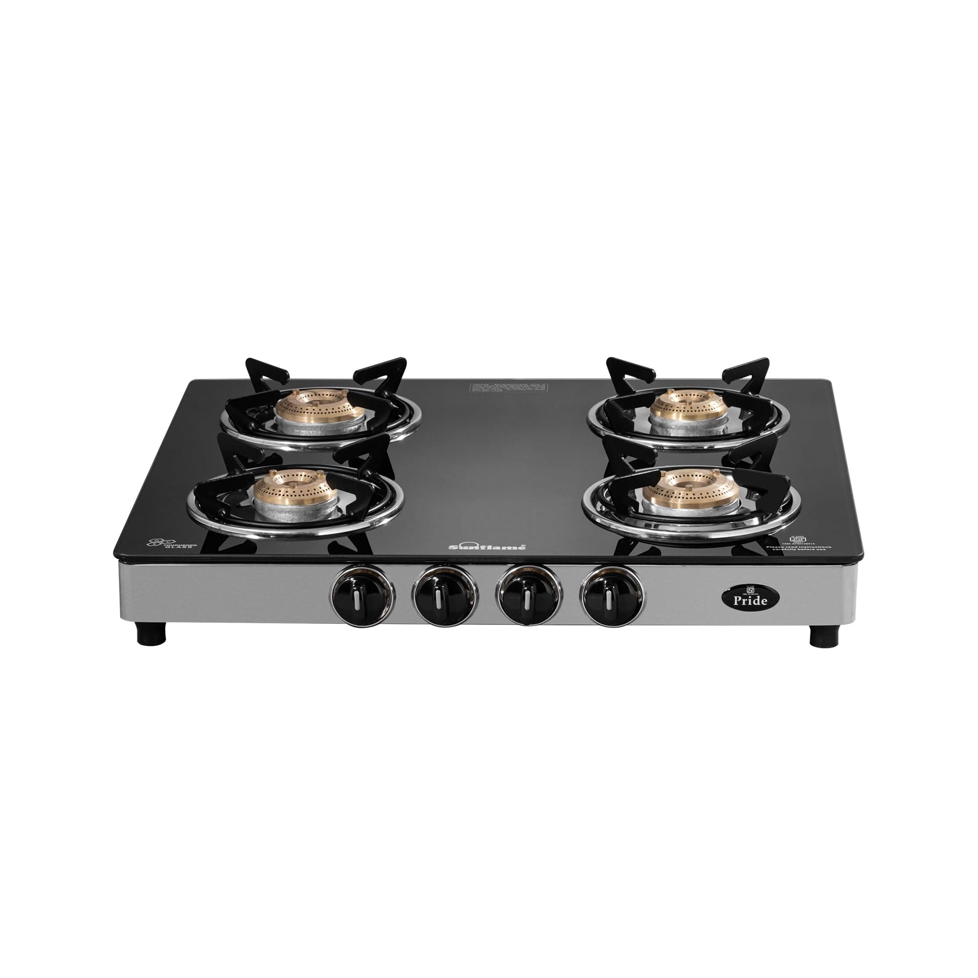 SUNFLAME Pride 4 Burner Open Gas Stove | 2 Medium And 2 Small Brass Burners | 2-Year Product Coverage | Ergonomic Knobs | Easy To Maintain L Toughened Glass Top | PAN India Presence