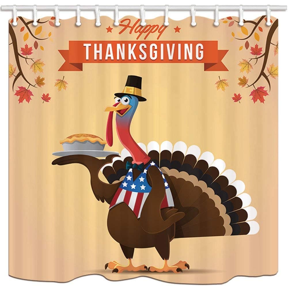 Thanksgiving Bath Curtain, Turkey Brid with American Flag for Harvesting, Polyester Fabric Waterproof Shower Curtain for Bathroom, 72X60in Shower Curtains Hooks Included