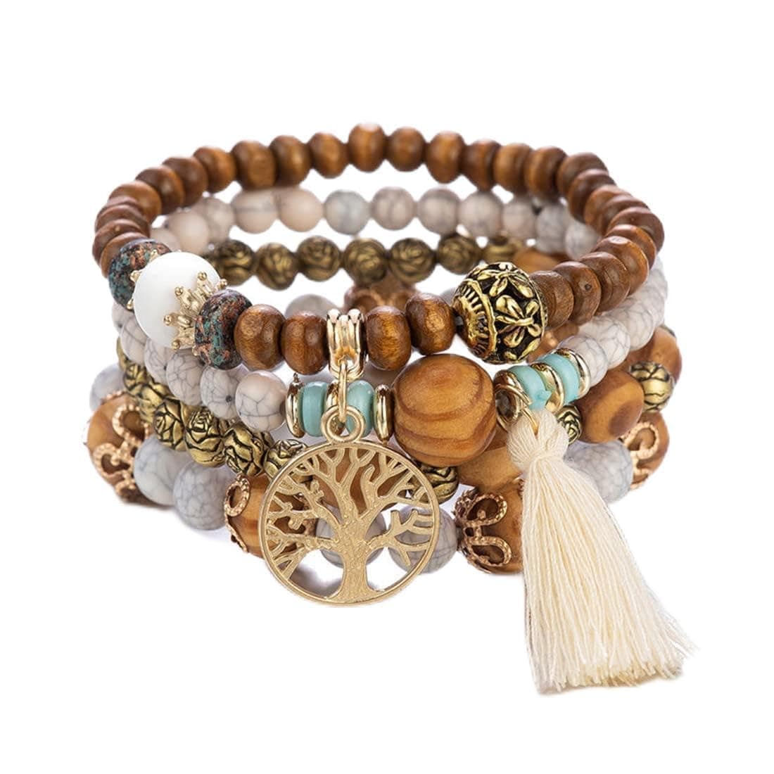 Boho Beaded Bracelet,Tree of Life Pendant Multilayer Wooden Beaded Bracelet, Stretch Elastic, Jewelry Set Stackable or Wearable Separately,Boho Ethnic Travel Bracelets(Pack Of 4)