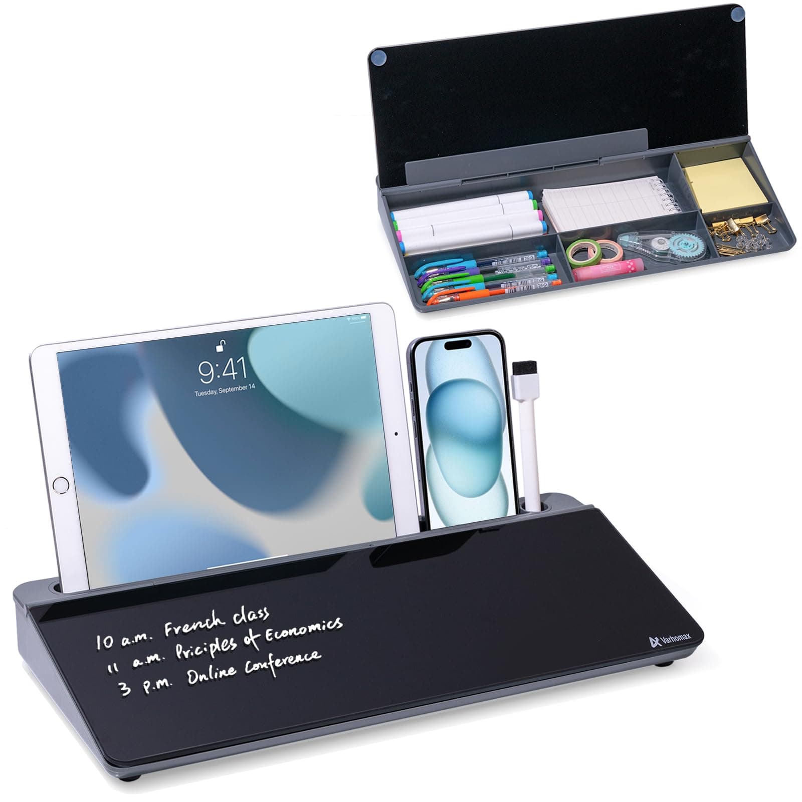 Varhomax Glass Desk Whiteboard with Storage, Desk Buddy to-do List Memo Desktop Dry Erase White Board Keyboard Stand Desk Organizers for Home Office and School Supplies (Gray&Black)