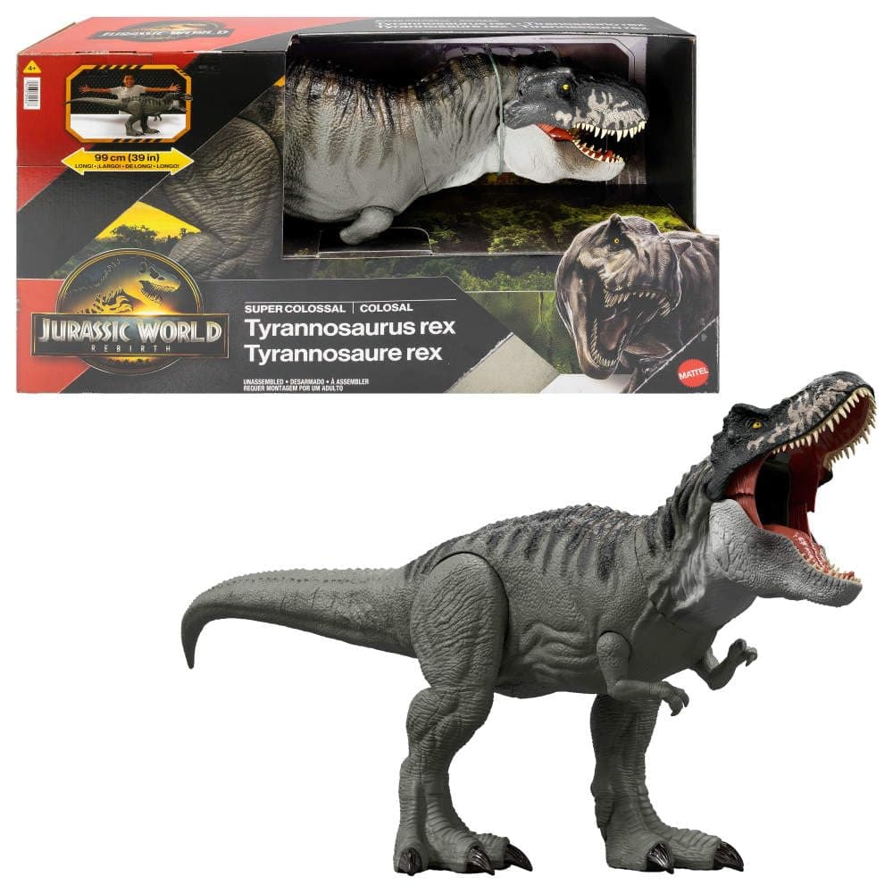Mattel Jurassic World Rebirth Super Colossal Tyrannosaurus Rex Action Figure, T-Rex Dinosaur Toy Swallows Minis, Movie-Accurate Posable​​​, JGB52