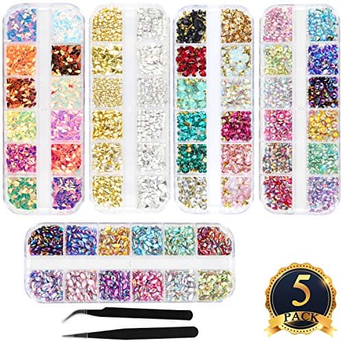 SUBANG 4500 Count (5 Boxes) Nail Art Rhinestones Kit Nail Rhinestones with 2 Piece Tweezers,Multicolor Nail Studs Horse Eye Rhinestones For Nail Art Decorations Supplies
