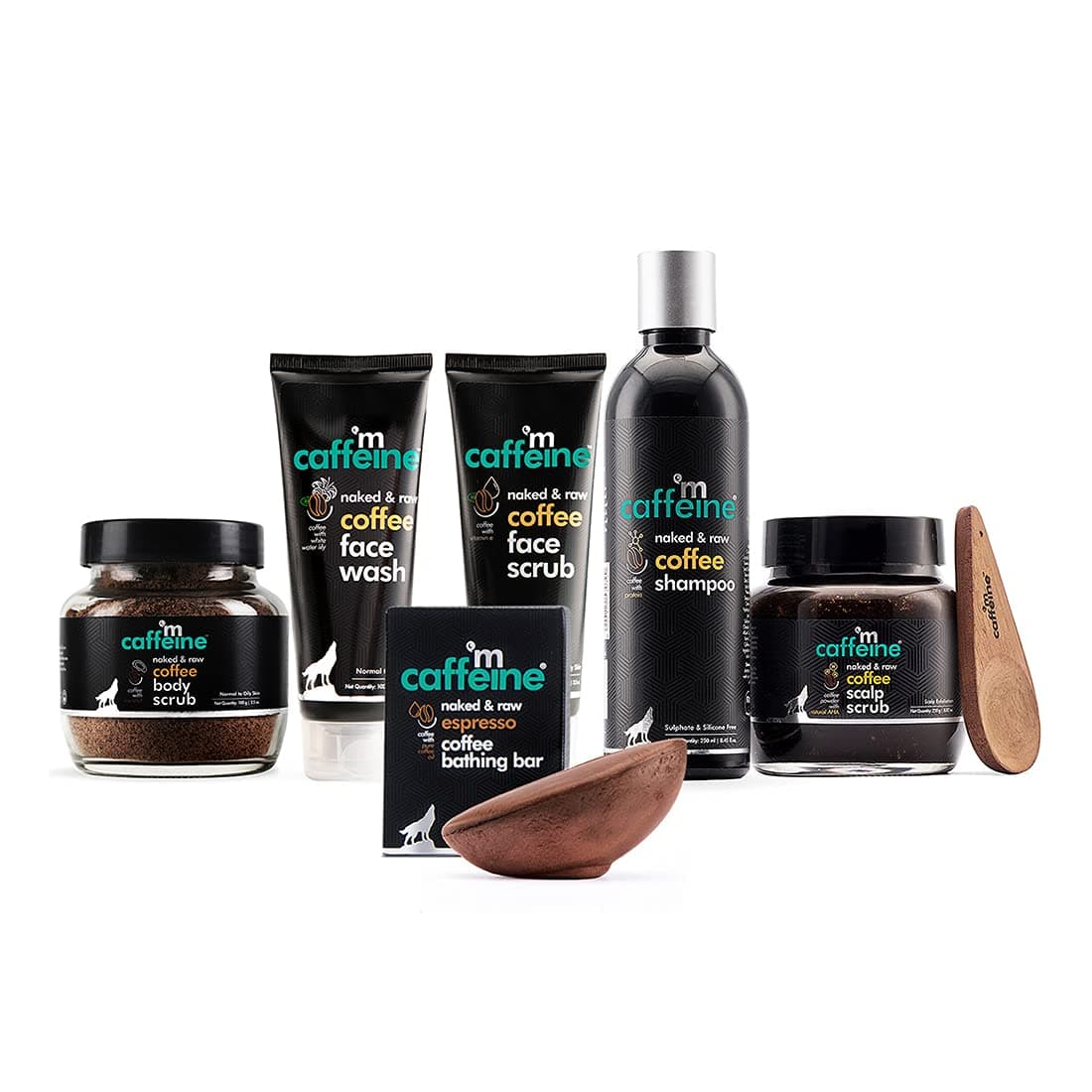 mCaffeine Must Have Coffee Bath Kit (Pack of 6) | Anti Hair Fall and Anti Dandruff Hair Care | Anti Pollution Face Care | De-Tan and Exfoliating Body Care