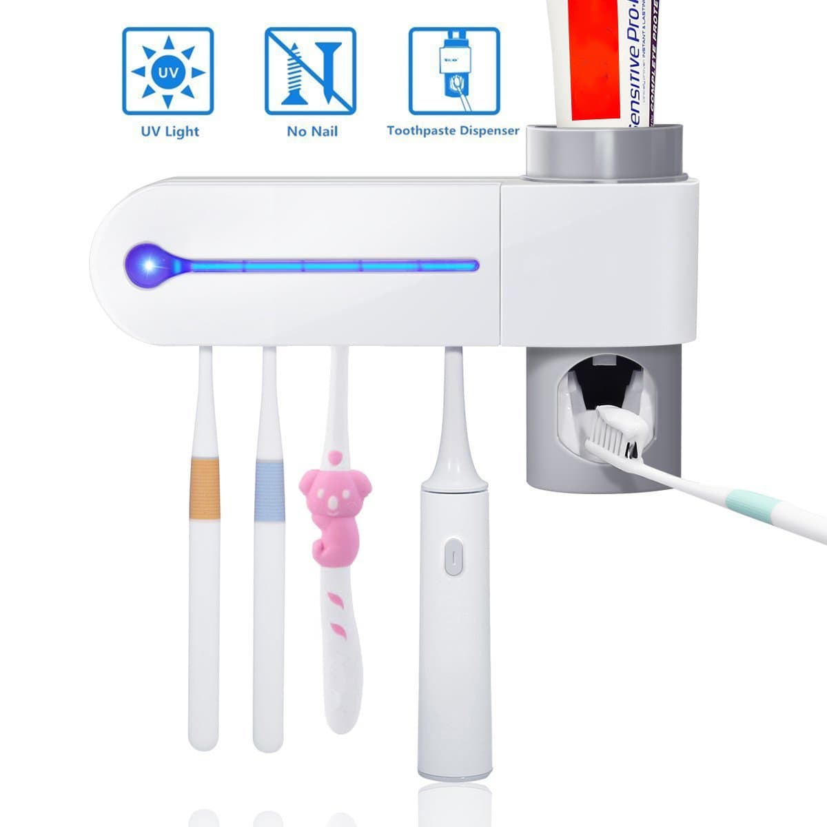 ALKK 3-in-1 UV Toothbrush Holder, Automatic Toothpaste Dispenser + 5 Toothbrush Sterilizer Holder Wall Mounted with Sticker