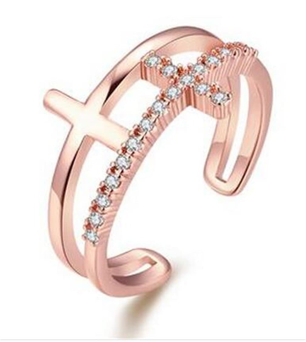 Women's Adjustable Size Ring Rose Gold Plated Double Crucifix Zircon Open Ring-Valentine's Day/Ladies/Women