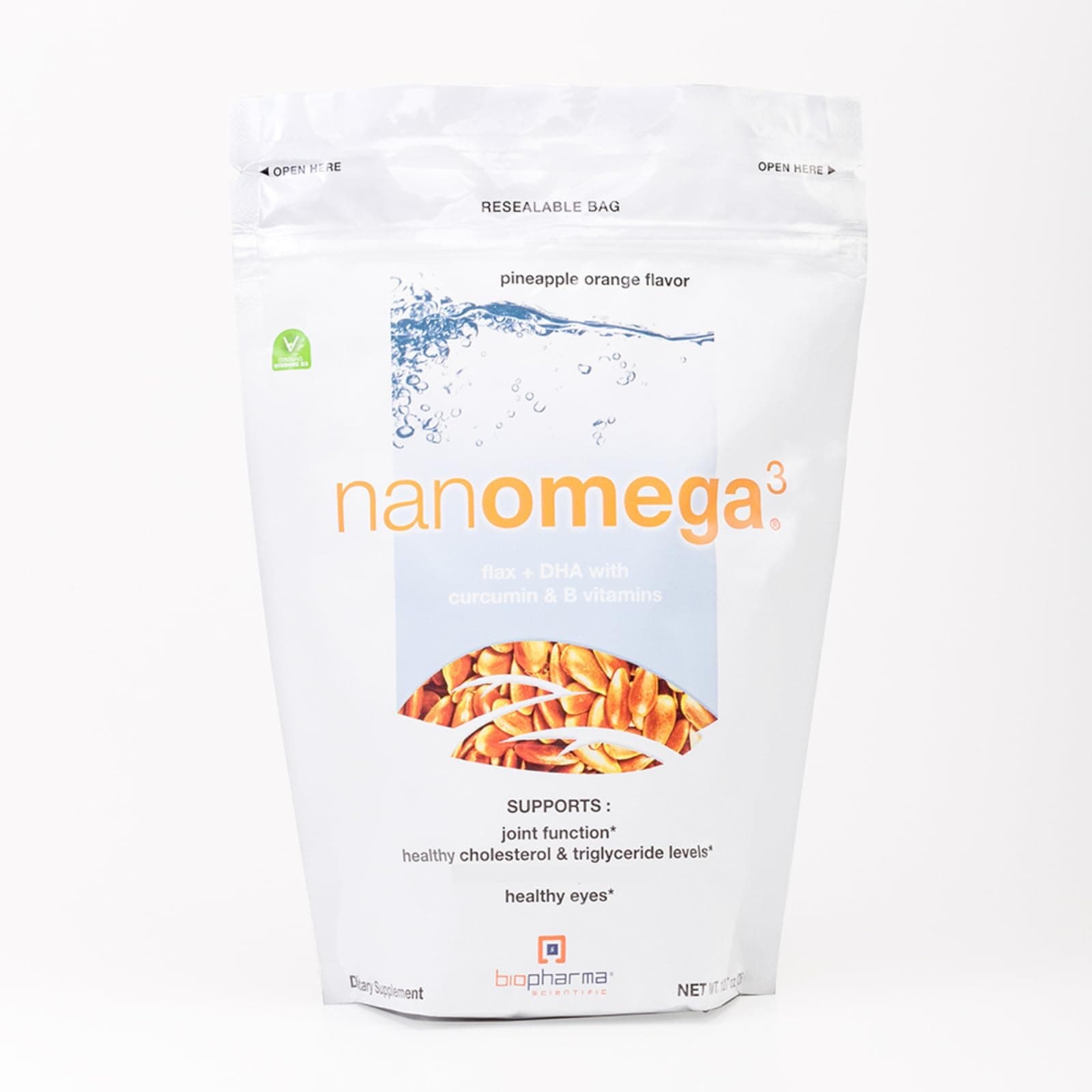 Biopharma Scientific NanoOmega Vegan Omega-3 | Plant-Based DHA & EPA from Algae & Flaxseed | Fish Oil Alternative | Supports Heart, Brain & Joints | Pineapple Orange Flavor | 30 Servings