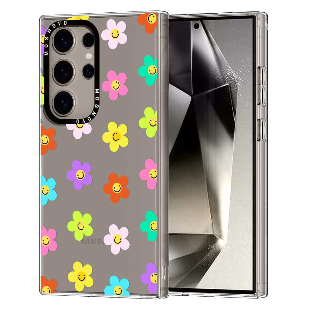 MOSNOVO Case for Samsung Galaxy S24 Ultra, [Buffertech 6.6ft Military-Grade Drop Protection] [Anti Peel Off Tech] Clear TPU Bumper Phone Case Cover Design - Smile Floral