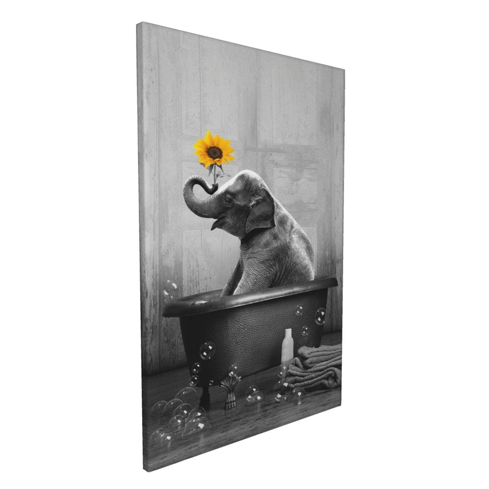 Elephant Sunflower Canvas Wall Art Funny Animal Elephant Bathing In The Bathtub Wall Decor Black and White Pictures Giclee Print Modern Artwork Paintings For Living Room Bedroom Bathroom Framed And