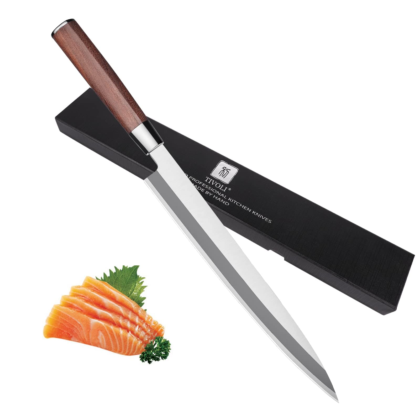 TIVOLI Sashimi Sushi Knife 10.5 inch Yanagiba Single Bevel Sushi Knife Japanese Professional Fillet Knife Very Sharp Carbon Steel knife Fish Filleting & Slicing Knife with Wooden Handle and Gift Box