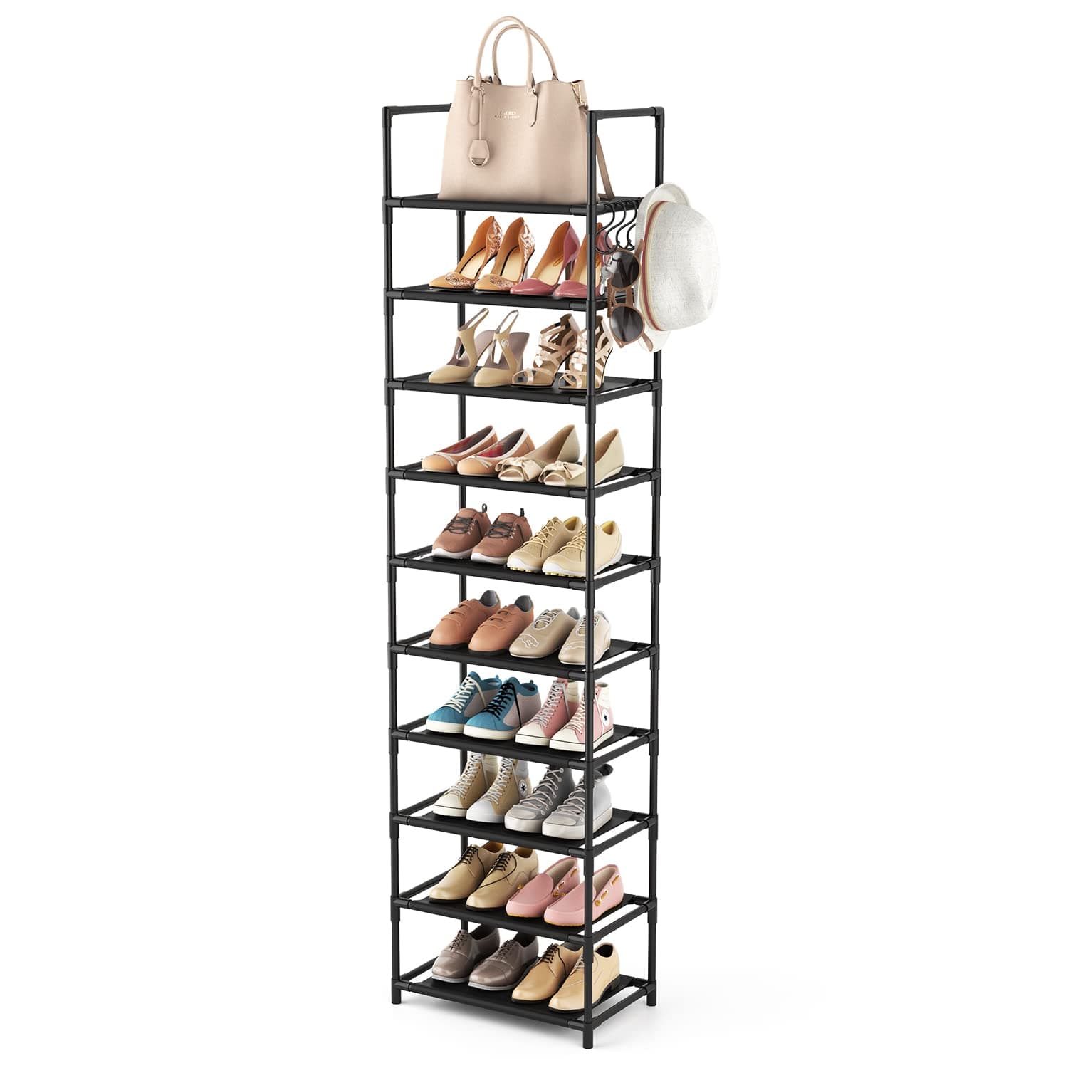 10 Tiers Tall Shoe Rack 20-25 Pairs Boots Organizer Storage Sturdy Narrow Shoe Shelf for Entryway, Closets with Hooks, Black