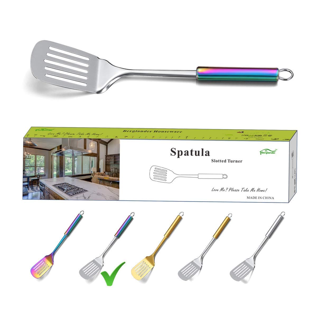 Berglander Spatula, Stainless Steel Rainbow Handle Slotted Turner, Colorful Handle Spatulas With Titanium Plating, Spatula For Cooking, Kitchen Spatulas, Barbeque Turner, BBQ Spatulas (Rainbow Handle)