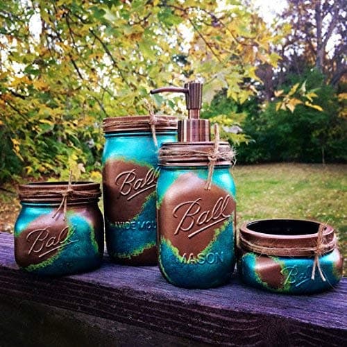 Hammered Copper and Turquoise Mason Jar Bathroom or Desk Set, Rustic Southwest Style 4 Piece Mason Jar Bath Set