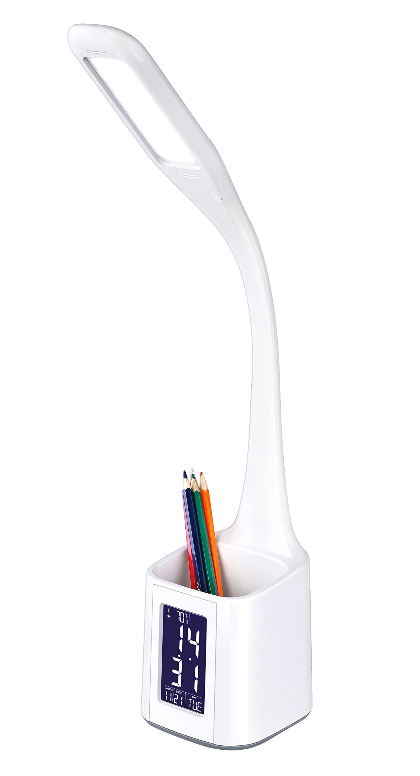 Royallieu U6 LED Desk Lamp, DC5V Table Lamp,Flexible Arm,Pen Holder, Calendar Display,3 Adjustable Brightness Levels,Touch-Sensitive Control Panel,White,6W.