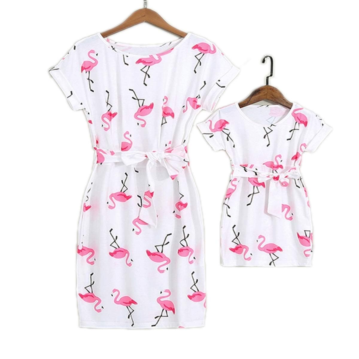Mumetaz Mommy and Me Flamingos Dresses Casual Round Neck Short Sleeve T-Shirt Dress White