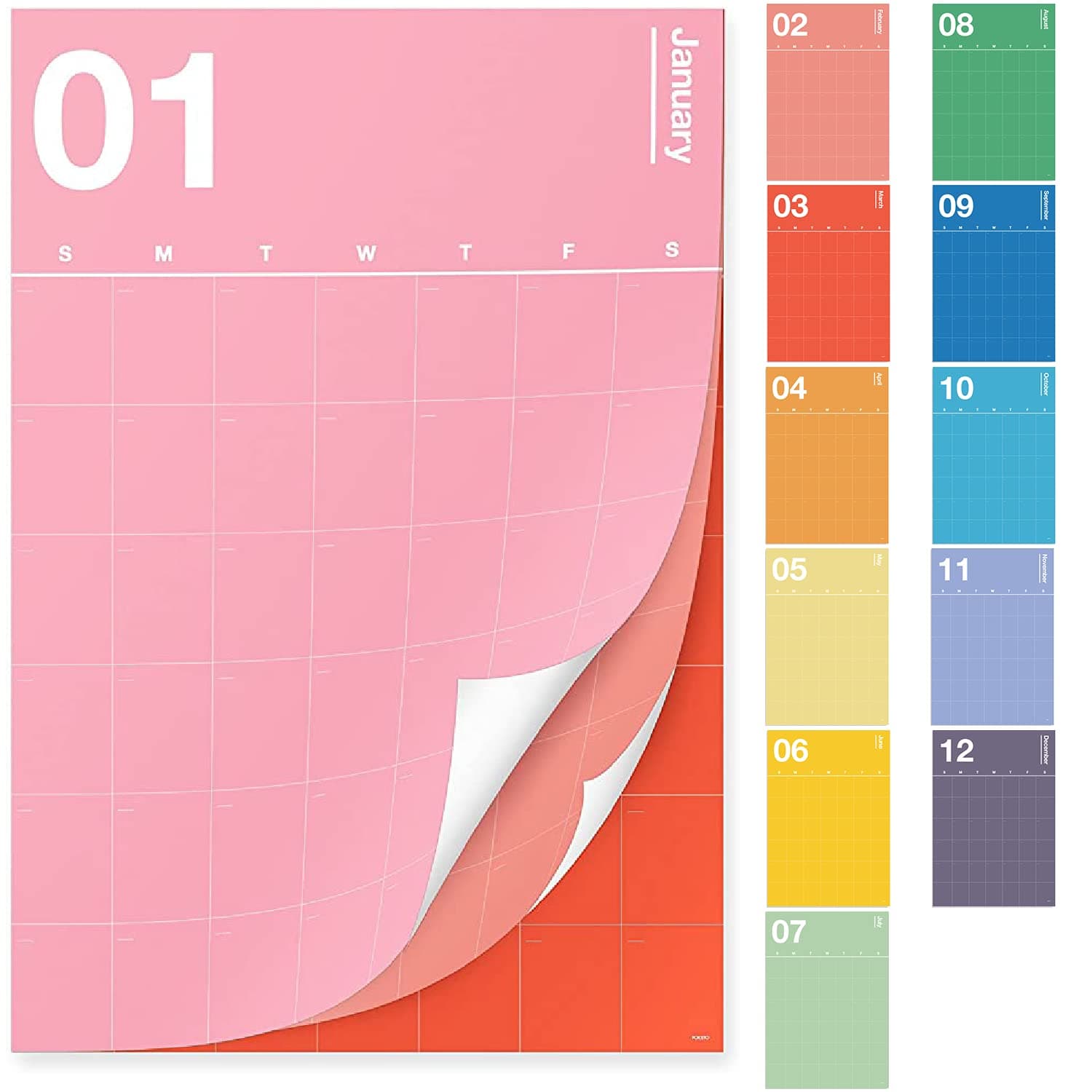 Poketo - Undated Monthly Vertical Wall Calendar 30" x 20" - 12 Month Minimalist Wall Planner - Monthly Calendar - Eco Friendly Paper - Office Supplies - Ideal for Office & Home - 2024 - Rainbow Combo